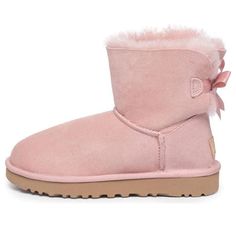 UGG Mini Baley Bow II 1016501-PCRY (SNKR/Women's) Pink Ugg Slippers Outfit, Sheepskin Round Toe Boots, Dollette Shoes, Ugg Bailey Bow Pink, Uggs Pink, Pink Bailey Bow Uggs, Pink Snow Boots, Pink Uggs With Bows, Uggs Boots With Bows