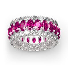 Celebrate your everlasting love story with this elegant eternity band that represents an eternity of love. Stunning as a wedding or anniversary band, sparkling fuchsia oval cut stones shine brightly across the center of this band. Borders of round stones grace the top and bottom of the band, completing this exceptional design. With no beginning and no end, this seamless circle celebrates your romantic love story.Carat Weight: 11.76 ctStone Size: 2.6,3*5 mmStone Type: Jeulia® StoneNumber of Stones: 63 Stone Color: Diamond White, FuchsiaStone Shape: Round, OvalWeight: 10.1 gWidth: 9.7 mmHeight: 2.9 mmThickness: 9.7 mmMaterial: 925 SilverPlating Color: Silver Wedding Bands For Couples, Silver Eternity Ring, Gold Rings Fashion, Eternity Band Ring, Half Eternity Ring, Eternity Ring Diamond, Womens Wedding Bands, Diamond Eternity, Eternity Ring