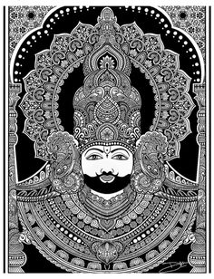 an intricate black and white drawing of a man's face with ornate patterns on it