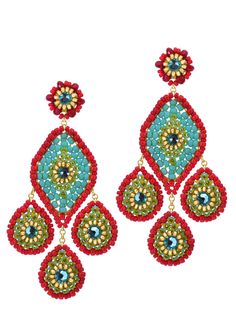 MIGUEL ASES TURQUOISE Vibrant Red Drop Earrings, Vibrant Red Dangle Earrings, Red Chandelier Earrings With Dangling Beads, Vibrant Red Dangle Jewelry, Red Chandelier Earrings With Colorful Beads, Red Beaded Teardrop Dangle Earrings, Vibrant Red Beaded Earrings, Red Teardrop Earrings With Dangling Beads, Chili Rose