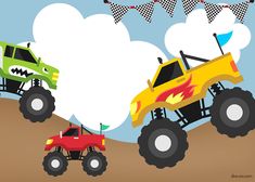 two monster trucks driving down a hill with flags in the air above them and on top of each other