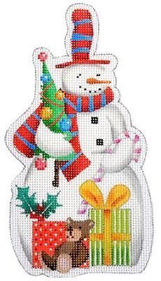 a cross stitch snowman with presents on it's chest and hat, holding a christmas