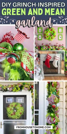 DIY Grinch Garland &#8211; A Step-By-Step Tutorial | Christmas Decor Ideas Holiday Garland Diy Christmas Decor, Grinch Christmas Tree Ideas Themed Decor, Grinch Wall Decorations Diy, Green Christmas Wreath Ideas, Grinch Mantle Ideas, Diy Grinch Christmas Decorations Outdoor, Grinch Office Door Decorating Ideas