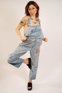 * Size: XL * Vintage 90s women's denim overalls by Arizona. * Over it all. Light wash blue jean overalls with tons of pockets and adjustable straps. Buttons on side of legs, lots of paint stains, and small Croquet Club patch on front. Straight leg.  * Distressed vintage condition. Tons of paint stains; top button holes on both sides have been pretty ripped open so don't really button that well, but there's two more buttons on each side! * Material: 100% cotton. Slight stretch. - MEASUREMENTS - W Painters Overalls, Blue Jean Overalls, Womens Denim Overalls, 90s Denim, Jean Overalls, Jean Vintage, Overalls Women, Denim Overalls, Denim Women