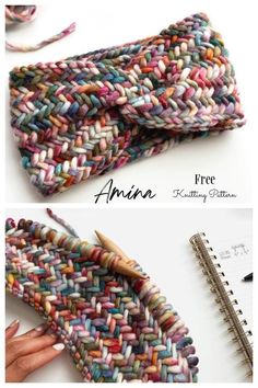 two pictures showing how to make an arm warmer with yarn and crochet needles