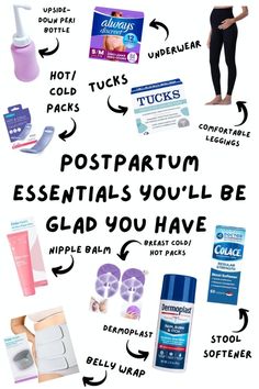 a poster with the words postpartum essentials you'll be glad you have