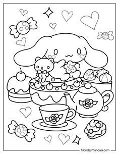 hello kitty tea party coloring pages for kids to print out and color on the table