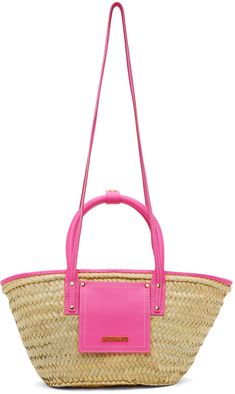 Hand-woven palm leaf and buffed leather tote in beige and pink. · Press-stud tab at rolled carry handles · Fixed crossbody straps · Patch pocket and logo hardware at face · Lanyard-clasp closure · Unlined · Logo-engraved gold-tone hardware · H8 x W18 x D5 Supplier color: Neon pink