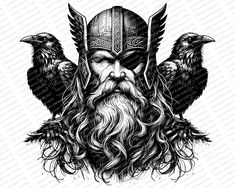 a drawing of a viking with two crows on his head