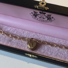 Vintage Juicy Couture Gold Charm Bracelet Heart Charms Never Worn Elegant Chain Bracelet With Clasp As Gift, Elegant Heart Bracelet With Charms, Elegant Heart-shaped Charm Bracelet For Party, Elegant Heart Bracelet With Lobster Clasp, French Poems, Vintage Juicy Couture, Vintage Charm Bracelet, Bracelet Heart, Jewelry Design Inspiration