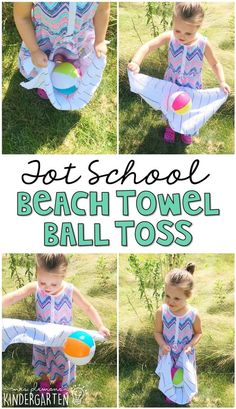 a collage of photos showing how to make a beach towel ball tosser for toddlers