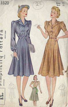 ~ Circa/Date: 1940 ~ Details:   DRESS of SKIRT & BLOUSE ((This pattern is also available in Size:16 Bust:34″ see item number: 251149605869) ~ Size/Measurements (Inches):     ~ Size: 15     ~ BUST: 33″       ~ Waist: 27 1/2″        ~ Hip: 36″  ~ Please Note: ~ You are buying a 'Professional Reproduced' copy of this sewing pattern. Copied from the original sewing pattern. Produced in Full Scale Pattern Pieces ready to cut with full instructions included. Reproduced on high quality 50 gm paper with black ink, durable and easier for reuse. Printed by a Professional Printing Company.   ~ With this product comes an accompanying 'Booklet' and inside the Booklet it includes: ~ A 2-page Instructions and Illustrations on 'How to Adjust Your pattern to your Personal Measurement.' ~ Personal Measureme 40s Mode, 1940s Dress Pattern, Wwii Fashion, 40's Fashion, Fashion 1940s, Skirt Blouse, Vintage Dress Patterns, Vintage Wardrobe, Motif Vintage