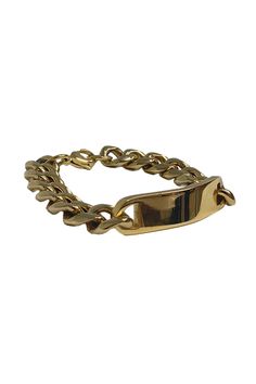 Finally, a Cuban Link ID bracelet that is rich and weighty that fits. A timeless, bold statement piece with a deep gold shine. 9" in length. SALE ITEMS FOR EXCHANGE ONLY Formal Gold Cuban Link Bracelet With Adjustable Chain, Matte Gold Classic Bracelets For Formal Occasions, Gold Bracelets With Thick Band For Gifts, Gold Thick Band Bracelet For Gift, Gold Chain Cuff Bracelet Gift, Gold Thick Band Bracelets For Formal Occasions, Gold Chain Cuff Bracelet As Gift, Gold Thick Band Bracelet For Formal Occasions, Formal Gold Bracelet With Thick Band