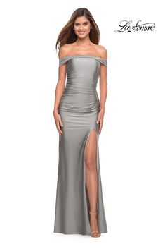 La Femme 30634 Silver 00 Spring 2023 Satin Off Shoulder Dress, Grey Formal Dress, Plain Dresses, Silver Prom Dress, Off Shoulder Evening Gown, Long Formal Gowns, Dress For Party, Off Shoulder Gown, Column Gown