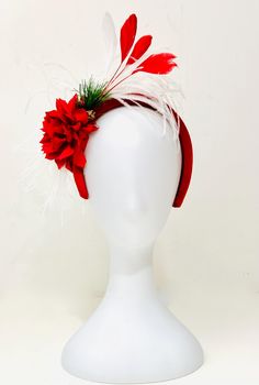 Christmas Fascinator Headband  Red or Green Headband,  Red Fascinator Headband,  Red velvet padded headband with Red and White Coqui Feather  Christmas Holly with Marabou feather ostrich feather and  4.5 Satten Chiffon  flower Adjustable Mini Hat For Formal Holiday Events, Adjustable Mini Hats For Formal Holiday Events, Holiday Headband Gift, Red Winter Party Costume Accessories, Red Costume Accessories For Winter Party, Adjustable Red Mini Hat For Christmas, Red Adjustable Mini Hat For Christmas, Christmas Gift Hair Accessories With Matching Headband, Adjustable Red Mini Hat For Holidays