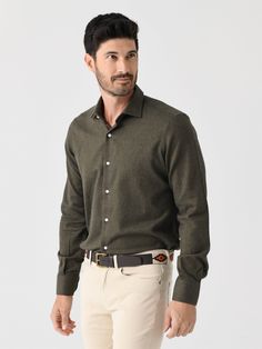 DESCRIPTION:A classic button-down shirt handmade from soft woven cotton.FEATURES:Spread CollarButton CuffsButton-Down PlacketCurved Hem100% CottonHandmade in ItalyClassic FitModel is wearing size Medium shirt.Model's Measurements: Height: 6'1.5" | Waist: 32" | Inseam: 34" | Collar: 15.5" | Sleeve: 35" | Suit: 40L Classic Wool Shirt With Button Closure, Formal Winter Shirt With Button Closure, Winter Formal Shirt With Button Closure, Formal Cotton Winter Shirt, Winter Formal Cotton Shirt, Winter Business Shirt In Cotton, Winter Business Cotton Shirt, Classic Green Shirt With Button Cuffs, Winter Shirt With Button Cuffs And Spread Collar