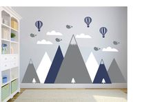 an image of a room with mountains and hot air balloons in the sky wall decals