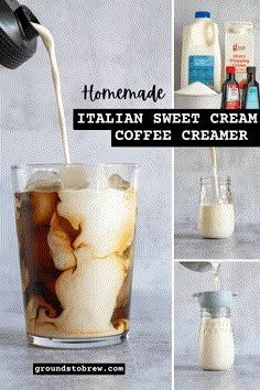 collage of italian sweet cream coffee creme being poured into a glass with ice