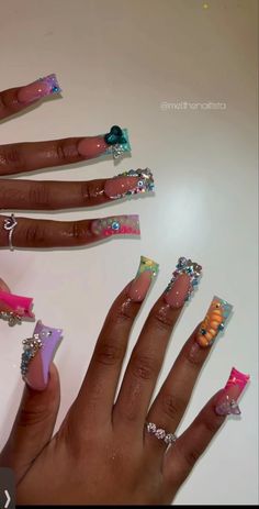 Medium Length Freestyle Nails, Colorful Stone Nails, Junk Yard Nails, Duck Nails Colorful, Nails With Bf Name, Short Curved Nail Designs, Summer Junk Nails, Rhinestone Duck Nails, Colorful Duck Nails