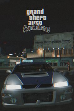 a car driving down a street at night with the words grand theft san francisco on it