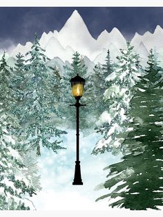 a street light sitting in the middle of a snow covered forest next to a mountain