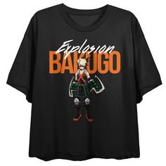 Celebrate your favorite anime heroes in style with this My Hero Academia tee. The shirt features an image of Katsuki Bakugo standing under orange letters that spell out his name. White letters above the image read, “Explosion.” The tee comes in a black short sleeve crop top. My Hero Academia fans will love this comfy crop top tee. Comfy Shirts For Women, Mha Merch Clothes, Mha Casual Clothes, Bakugo Standing, Bakugo Explosion, Bakugo Shirt, Mha Merch, Hoodies Design Ideas, Anime Heroes