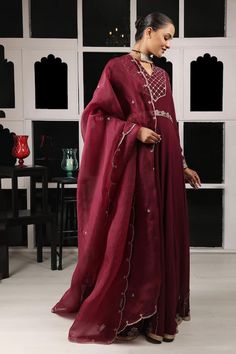 Maroon anarkali with zardosi and zari embroidery. Paired with a pant and scallop embroidered dupatta. - Aza Fashions Maroon Anarkali, Anarkali, Aza Fashion, Pants Set, Silk, Pants