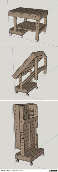 three different views of a table with wheels