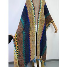 Knitted Sweater Kimono – Robe Kimono Multicolor Open Knit Cardigan, Multicolor Oversized Open Knit Sweater, Oversized Multicolor Open Knit Sweater, Oversized Multicolor Beach Sweater, Multicolor Oversized Beach Sweater, Long Blue Knitted Sweater, Blue Long Knit Sweater, Knitted Multicolor Sweater For Vacation, Multicolor Knitted Sweater For Vacation