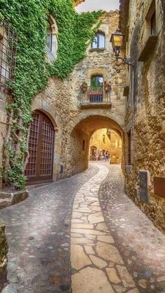 an alley way with stone buildings and ivy growing on the walls, leading to two arched doorways