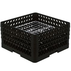 a black plastic crate sitting on top of a white background