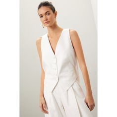 Off-white cotton-linen blend (54% Cotton, 46% Linen) with acetate-viscose lining (74% Acetate, 26% Viscose). Jacket. Sleeveless. Front button closure. 16.5" from shoulder to hemline. Imported. Rent The Runway, Closet Designs, Wide Leg Trousers, Cotton Linen, Linen Blend, Open Back, Wide Leg, Off White, Fashion Design