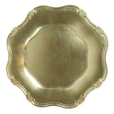 a gold plate with ornate designs on the rim and sides, isolated against a white background