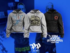 three different colored hoodies on display in front of a blue background with the words kraa hoodie standard and swatches