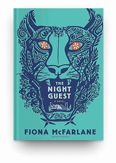 the night guest by fionna mcfarlane on a blue book cover with an image of a cat's head