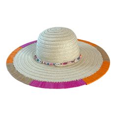 Straw Hat Contrast-Colored Woven Edge Beaded Trim Band One Size Dimensions: 17"L X 17"W X 5"H Red Adjustable Sun Hat For Festivals, Adjustable Red Sun Hat For Festivals, Red Bohemian Straw Hat With Short Brim, Red Bohemian Sun Hat For Vacation, Bohemian Red Straw Hat For Vacation, Red Bohemian Straw Hat For Vacation, Handmade Red Straw Hat For Beach, Red Bohemian Sun Hat For Festival, Red Sun Hat For Summer Festivals