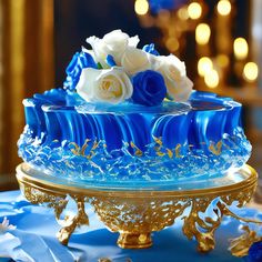 a blue and white cake sitting on top of a gold plate covered in frosting