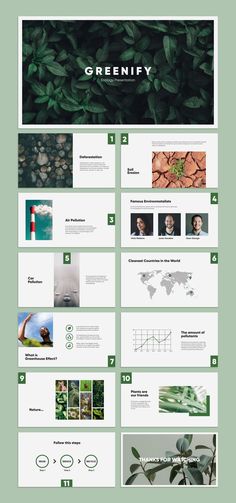 a green and white powerpoint presentation with many different slideshows on the screen