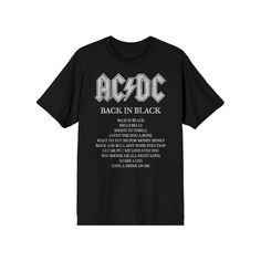 Rock one of the most iconic albums in this men's AC/DC Back In Black Song List Tee. Rock one of the most iconic albums in this men's AC/DC Back In Black Song List Tee.Click on this MEN'S GUIDE to find the perfect fit and more! Crewneck Short sleevesFABRIC & CARE Cotton Machine wash Imported Gender: male. Age Group: adult. Pattern: Graphic. Black Band Logo T-shirt With Relaxed Fit, Black Band Logo T-shirt Relaxed Fit, Black Band Logo T-shirt In Relaxed Fit, Black Relaxed Fit Music-themed T-shirt, Black Relaxed Fit T-shirt With Band Logo, Black Music-themed Top With Letter Print, Rock Style Cotton T-shirt With Logo Print, Black Music-themed T-shirt With Letter Print, Black Music-themed T-shirt With Text Print