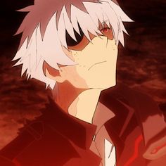 an anime character with white hair and red eyes looking to his left while staring at the camera