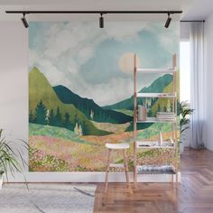 a painting on the wall of a living room with a ladder and potted plant