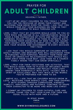 a poem written in blue and green with the words'prayer for adult children '