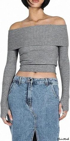 Olivia Mark - Solid Color Short Knit Sweater with Shoulder Cut-Out and Long Sleeves Sweater Crop, Basic Fits, Women's Sweaters, Ribbed Knit Sweater, Color Shorts, Crop Shirt, Sweater Fashion, Womens Fall, Grey Sweater