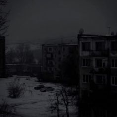 an old building with snow on the ground and bare trees in front of it at night