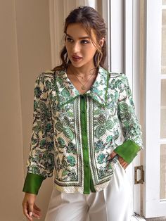 Clothing Length: Regular Material: Polyester Decoration: Button Pattern Type: Floral Season: Spring/Autumn Style: Casual Green Long Sleeve Blouse With Button Closure, Fall Shirt With Collared Neckline For A Day Out, Collared Shirt For Day Out In Fall, Long Sleeve Blouse With Button Closure For Day Out, Fall Floral Print Blouse With Collared Neckline, Green Collared Blouse With Button Cuffs, Green Collared Blouse For Fall, Green Tops With Button Cuffs For Spring, Green Fall Shirt With Buttons