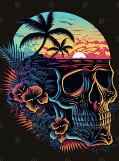 a skull with flowers and palm trees on the beach in front of an orange sunset