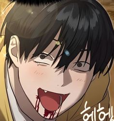 an anime character with his mouth open and blood running down the side of his face