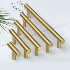 four brass cabinet pulls on top of a white table next to a palm tree and envelope