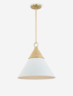 a white and gold pendant light hanging from a ceiling fixture with an open end on the side