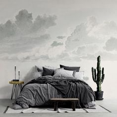 a large bed sitting under a cloudy sky painted on the wall next to a cactus